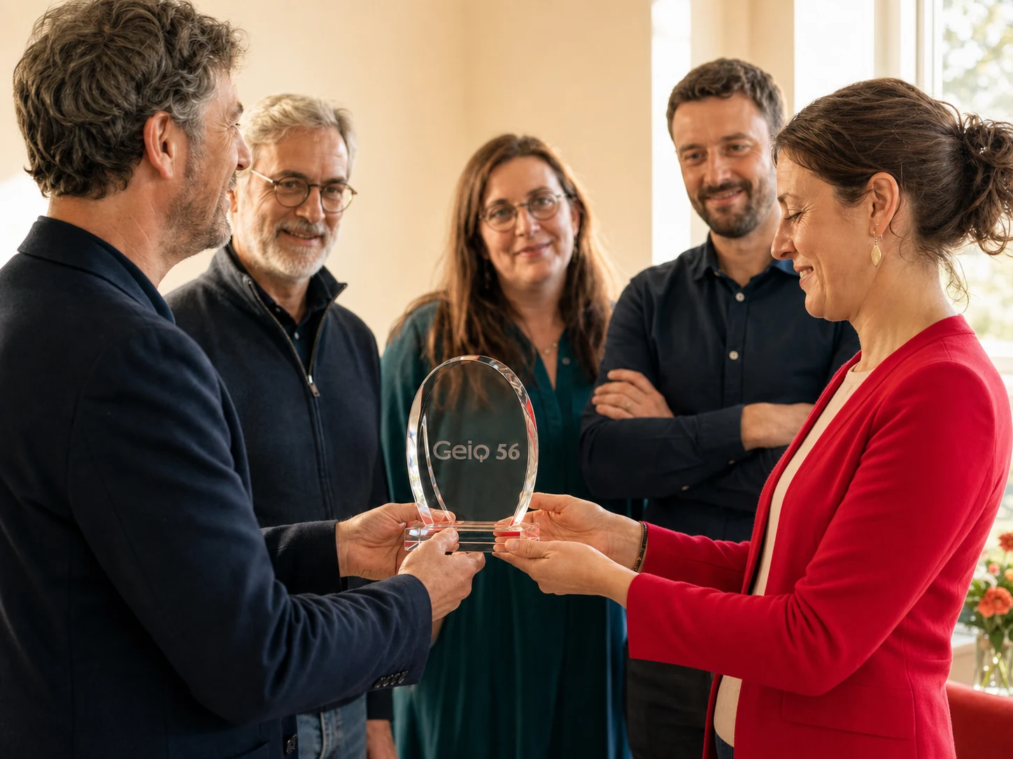 Image illustrative provisoire générée : remise d’un trophée en verre gravé GEIQ 56 entre deux personnes, entourées de leurs collègues.