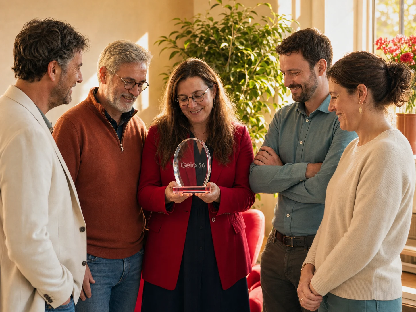 Image illustrative provisoire générée : équipe réunie autour d’un trophée en verre gravé GEIQ 56.