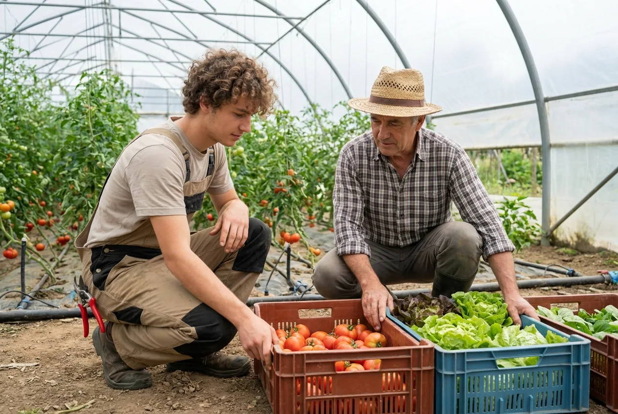 Sous serre, un maraîcher et son apprenti récoltent tomates et salades.