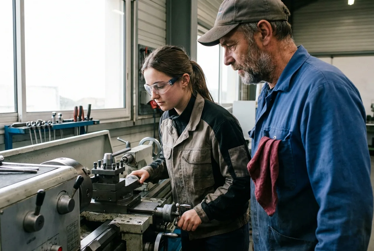 Une apprentie usineuse règle un tour à métaux sous l'œil de son tuteur, dans un atelier de métallerie.