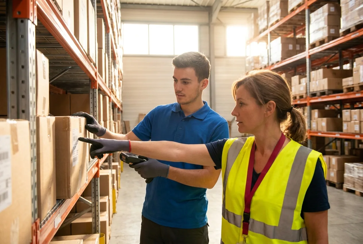 Dans un entrepôt, une responsable logistique guide un jeune préparateur de commandes, scanner en main.