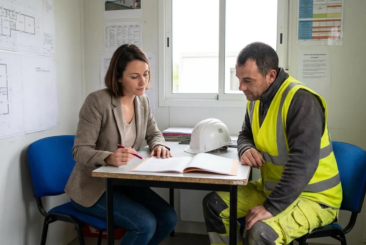 Dans un bureau de chantier, une conseillère du GEIQ fait le point avec un salarié, casque posé sur la table.