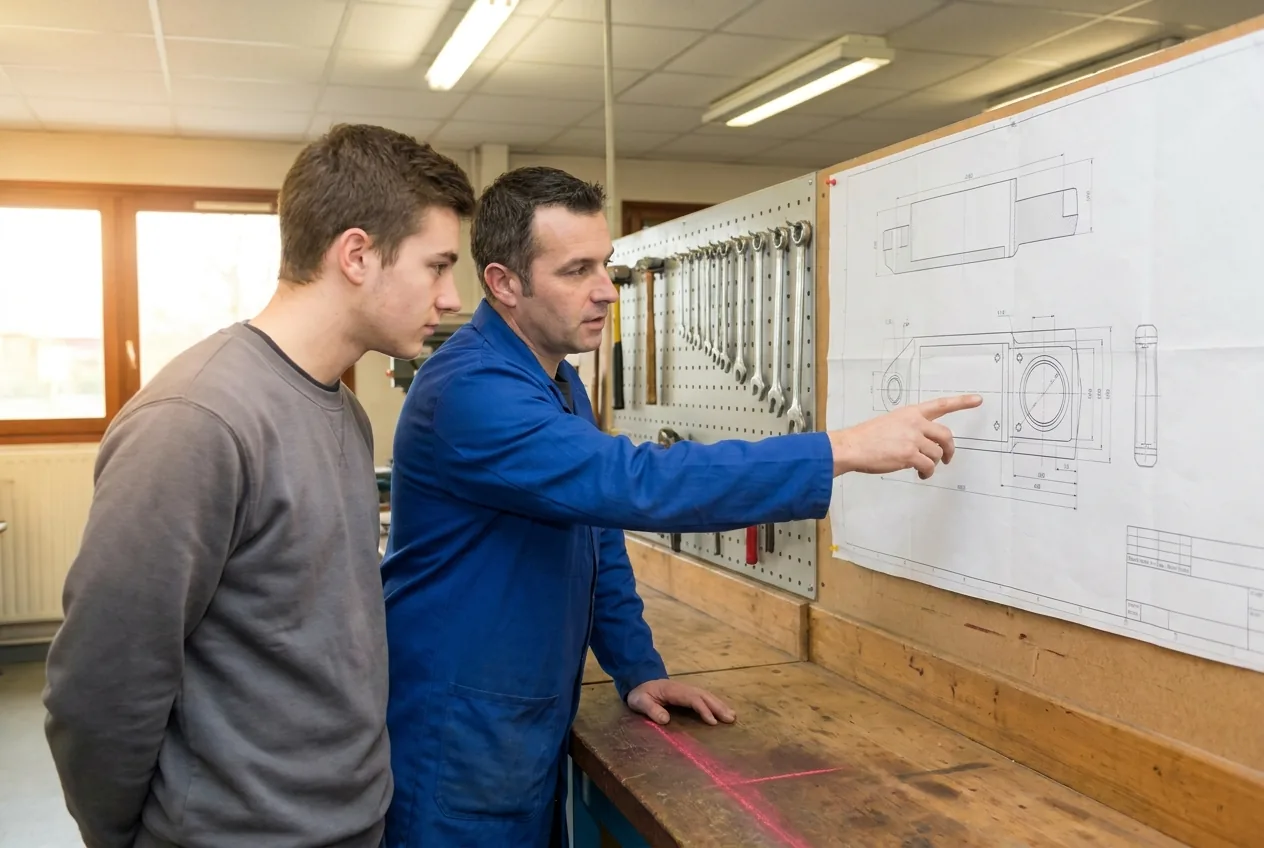 En atelier, un formateur détaille un plan technique à un salarié en parcours.