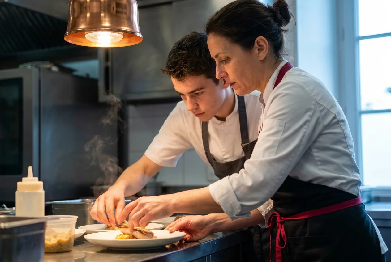 En cuisine professionnelle, un jeune commis dresse une assiette sous l’œil attentif de la cheffe.